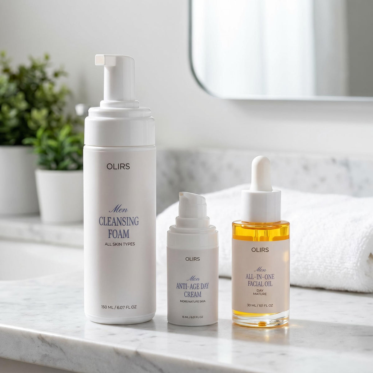 Daily Radiance Trio Kit featuring cleansing foam, anti-age cream, and all-in-one facial oil for a daily glow.