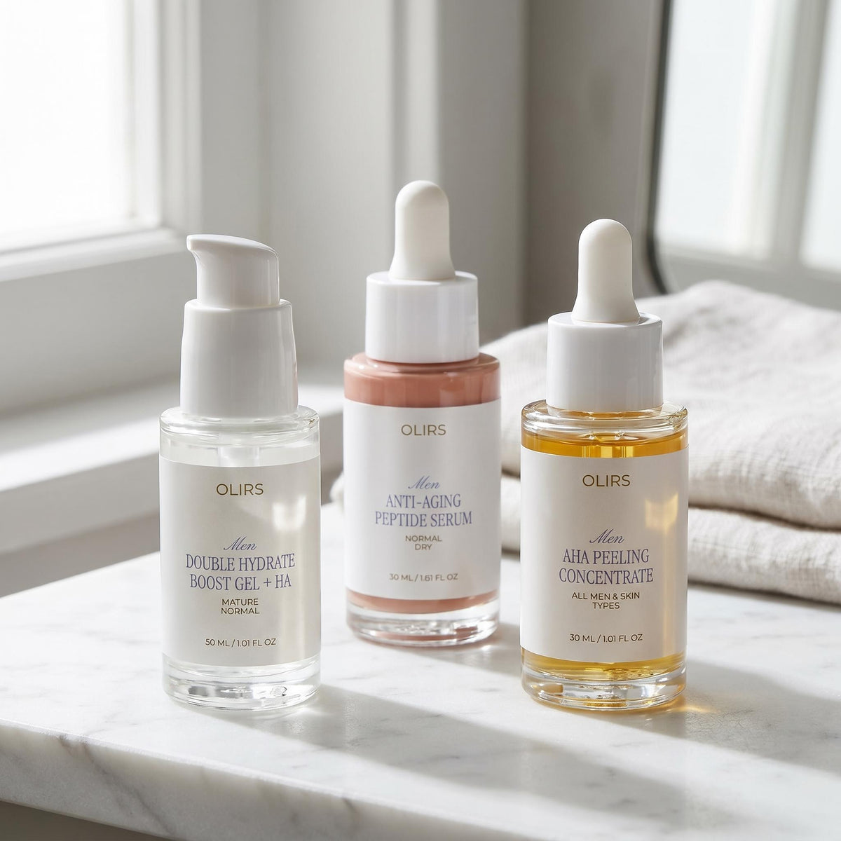 Skin Renewal Trio including Double Hydrate Boost Gel, Peptide Serum, and AHA Exfoliating Serum for smoother skin.